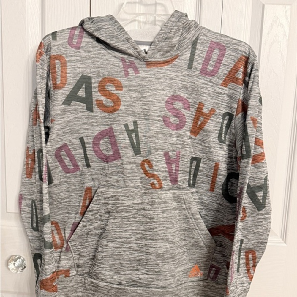 Adidas Gray Multicolor Logo Kids Sz 18/20 Hoodie. EUC LIKE NEW DA